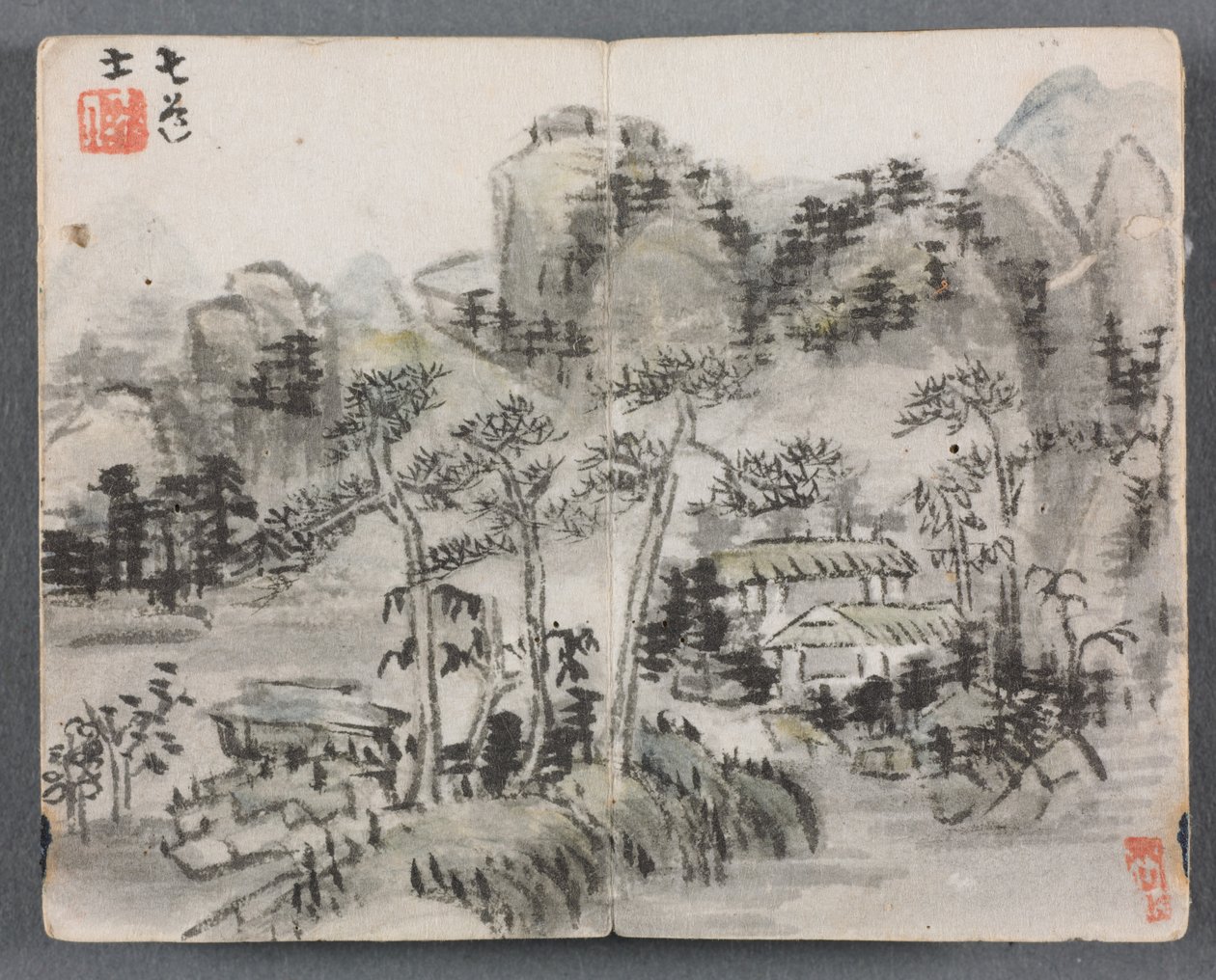 Miniaturní album s postavami a krajinnou krajinou se dvěma budovami, 1822. od Zeng Yangdong