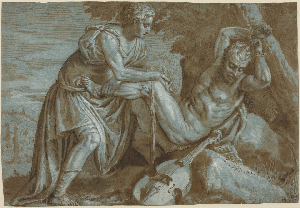 Apollón a Marsyas, kolem roku 1600 (kresba tuší) od Zenon Veronese