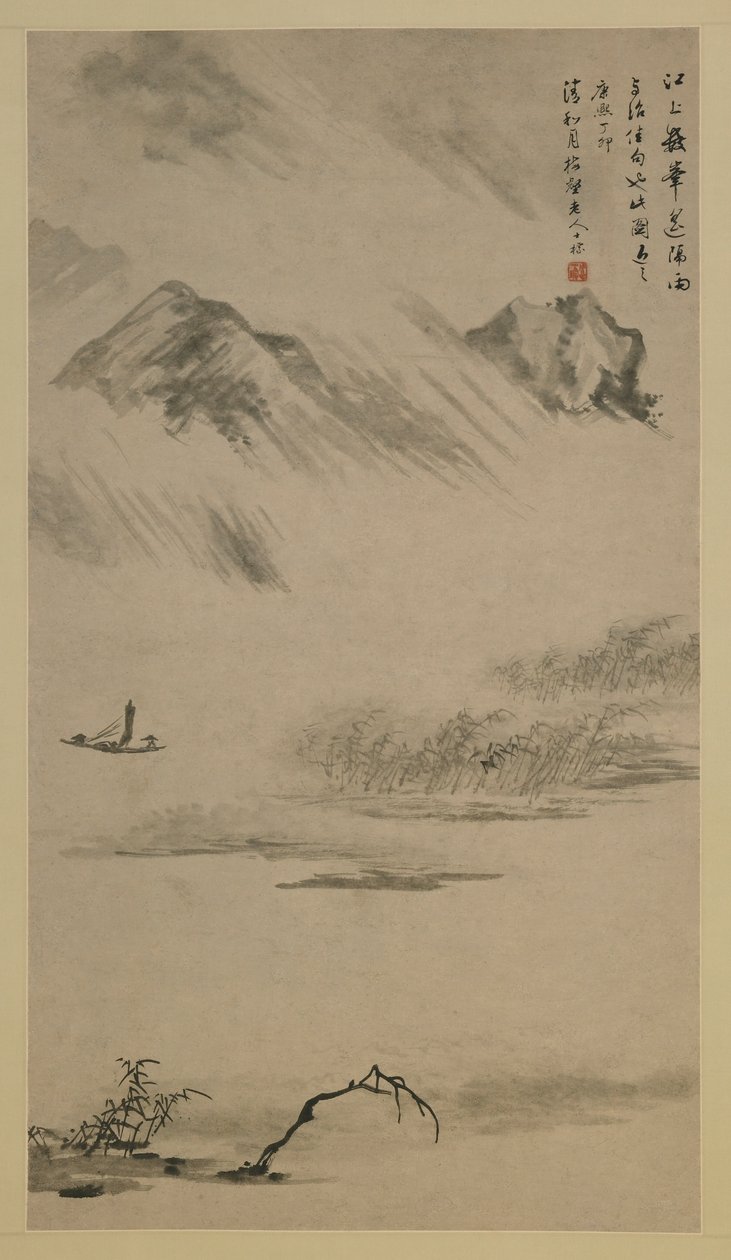 Říční krajina v dešti, provincie Anhui, Čína, dynastie Qing, 1687 (inkoust na papíře) od Zha Shibiao
