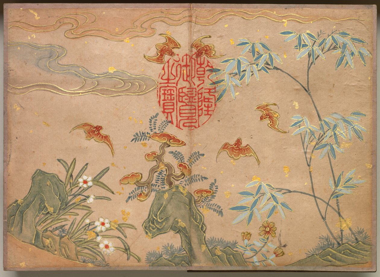 Stolní album: Obrazy květin a ptáků Netopýři, skály, květiny oválná kaligrafie, 18. století. od Zhang Ruoai