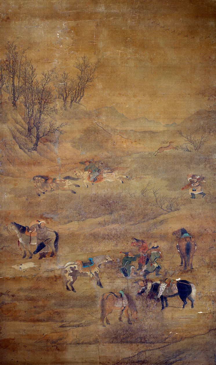 Mongolský jezdec honí koně. Malba na hedvábí od Fou Tchao Mong od Zhao Mengfu Chao Meng Fu or