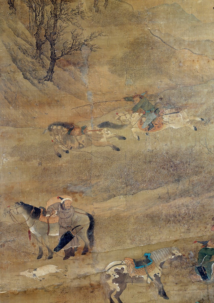 Mongolský jezdec honí koně. Detail. Malba na hedvábí od Fou Tchao Mong od Zhao Mengfu Chao Meng Fu or