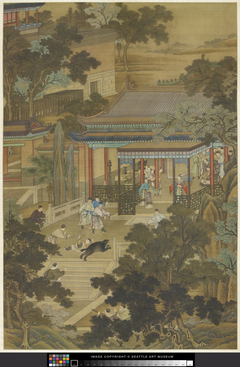 Jieyu bránící císaře před medvědem, c.1740 (inkoust a barva na papíře) od Zhidao Cheng