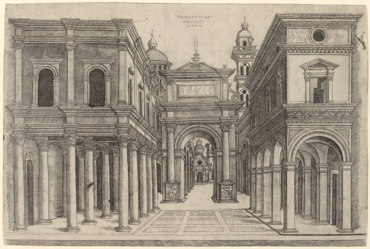 Ulice s různými budovami, kolonádami a obloukem od Zoan Andrea after Donato Bramante