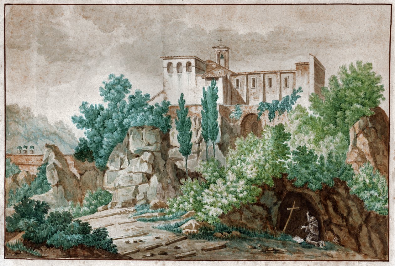 Klášter v Itálii. Pelerin uctívající kříž Ježíše Krista v jeskyni. cca 1850 (akvarel) od . .
