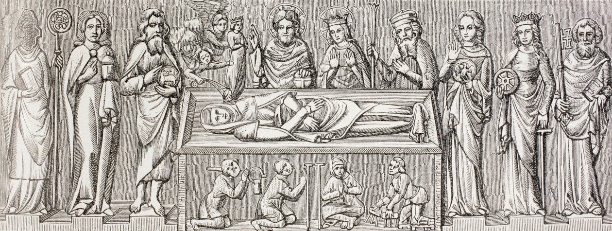 Po basreliéfu na hrobu princezny Alžběty Uherské (1207 - 1231) katolické světice, z knihy „Vojenský a náboženský život ve středověku“ od Paula Lacroixe publikované v Londýně kolem roku 1880 od Ferdinand Georg Waldmuller