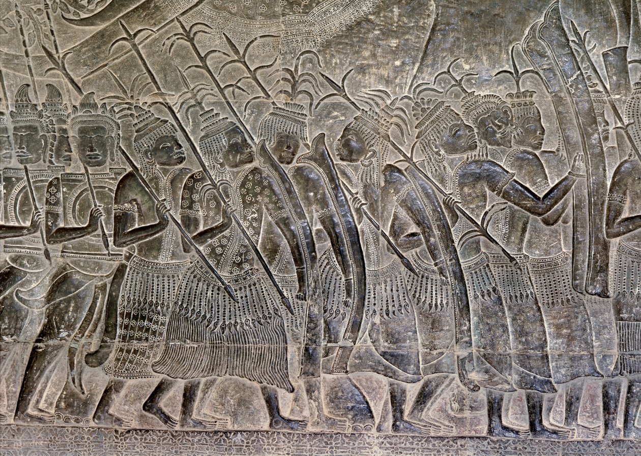 Angkor Wat, Angkor, Kambodža Počátek 12. století s pozdějšími doplňky. Tento detail reliéfů v galerii ukazuje THAJSKÝ lid pochodující jako spojence khmerské armády od Hippolyte Lalaise Devéria