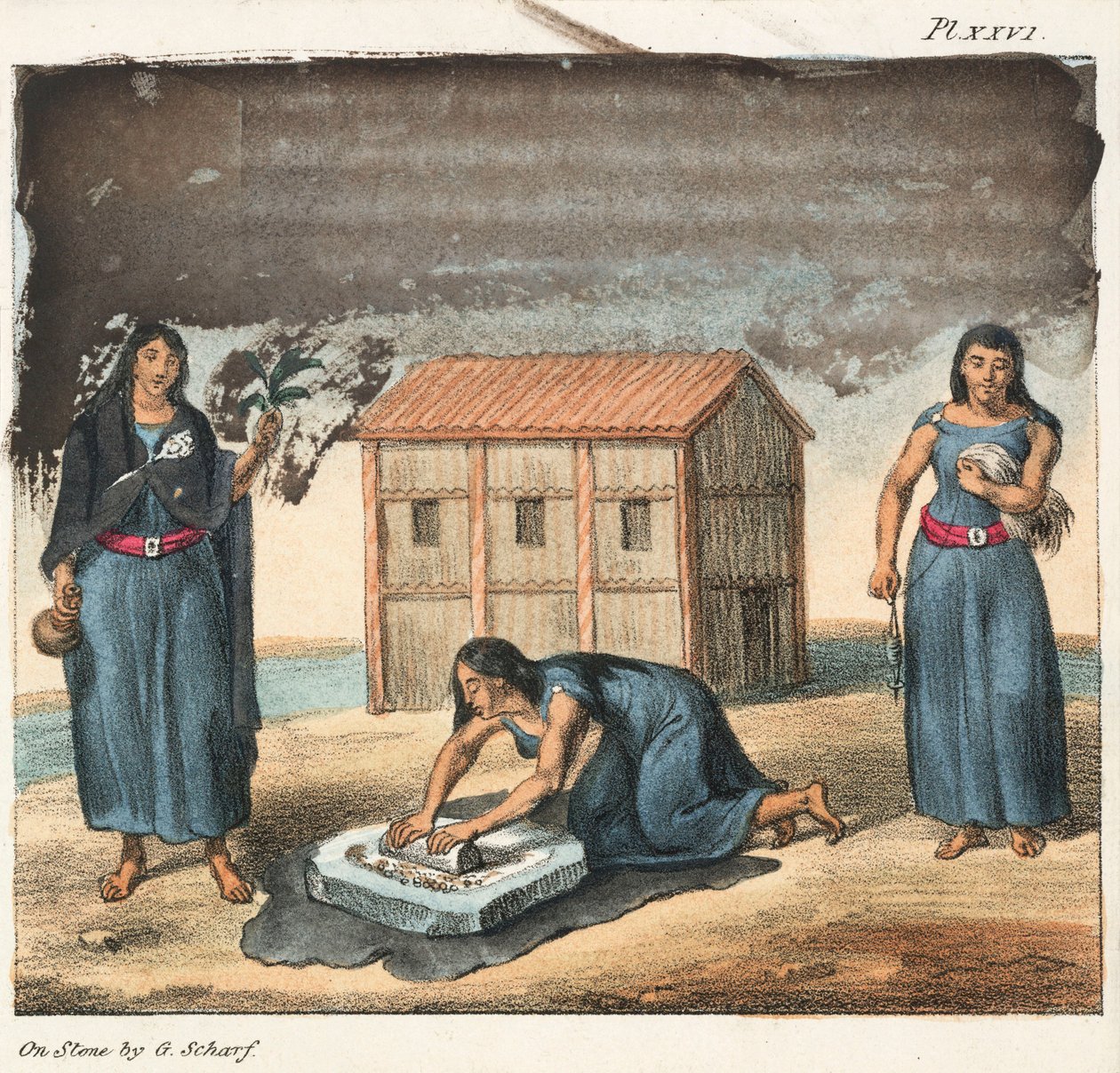 Indické ženy Araucano mletí kukuřice a předení, Chile od Frederick (attr. to) Barnard
