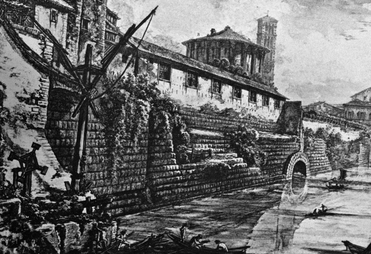 Cloaca Maxima (starověký kanalizační systém) a chrám Vesta nebo Hercules Victor, rytina Giovanni Battista Piranesi (1720-1778), Itálie od William Walcutt
