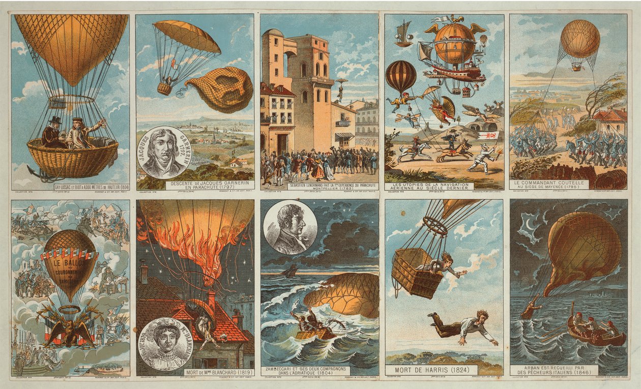 Sbírání karet s obrázky událostí v historii balónového létání od roku 1795 do roku 1846, kolem roku 1900 (chromolitograf) od . .