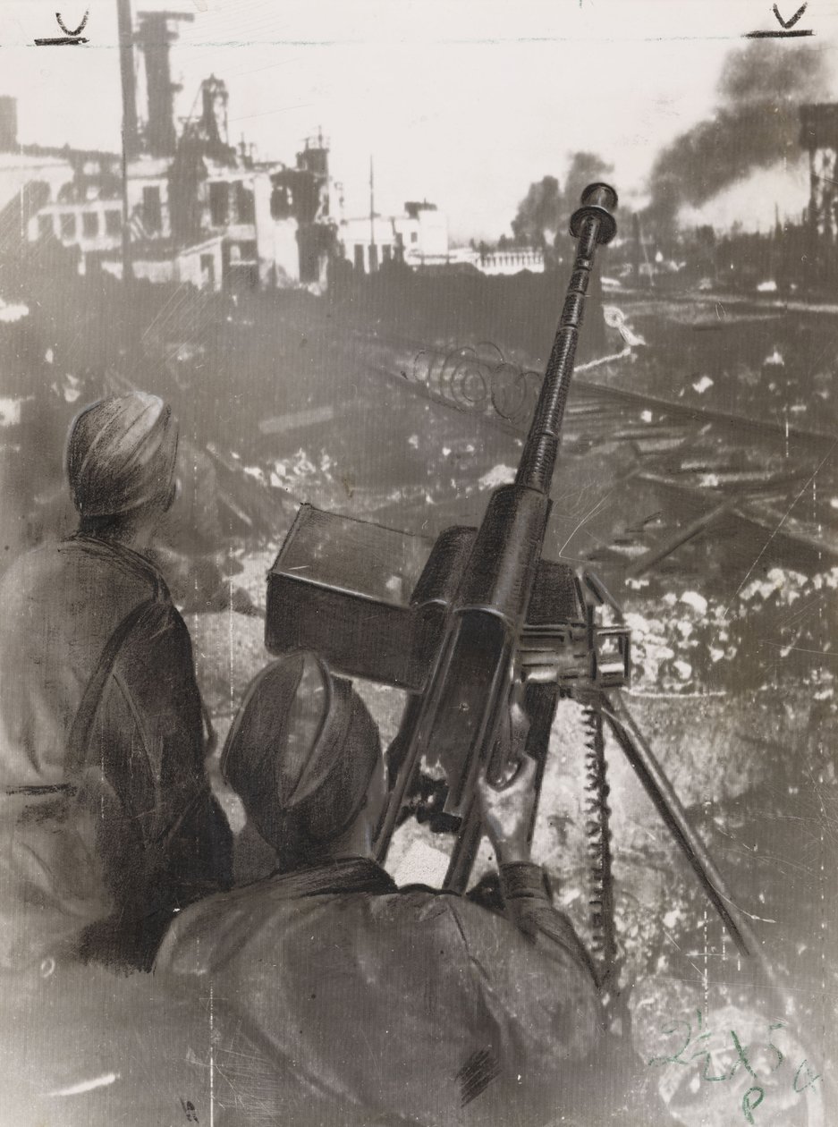 Druhá světová válka (1939-1945): dva ruští protitankoví střelci bránící továrnu poblíž železniční trati během bitvy o Stalingrad (Rusko) v roce 1942 od Frederick (attr. to) Barnard