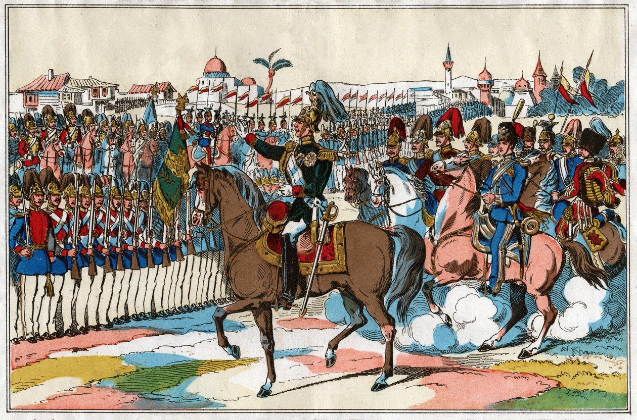 Císař Alexandr II. hodnotí svá vojska před vyhlášením války Turecku (1877). cca 1880 (ilustrace) od . .