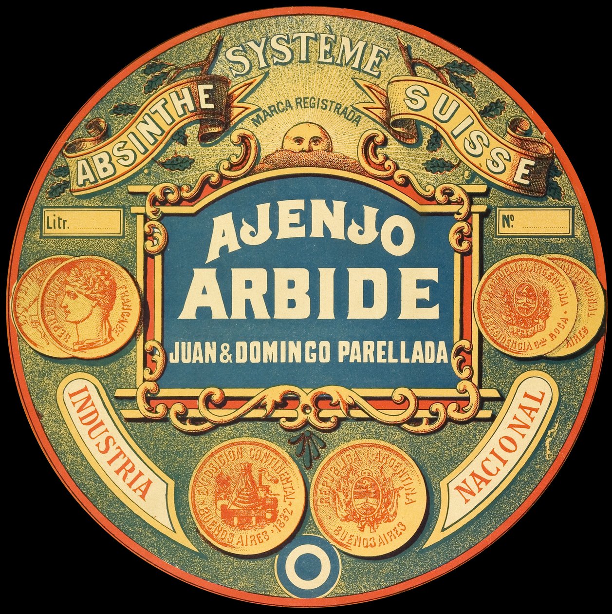 Značka argentinského absintu Ajenjo Arbide od Frederick (attr. to) Barnard