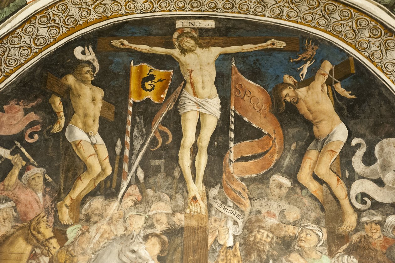 Slavná skupina ukřižování od Hanse Clemera, freska na kůru, farní kostel Chiesa Parrocchiale, Elva, provincie Cuneo, Piemont, Itálie, Evropa od Ferdinand Georg Waldmuller