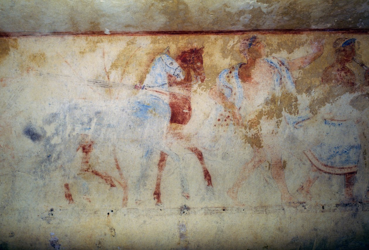 Smuteční průvod s koňmi a mužskými postavami, freska, Hrobka modrých démonů, nekropole Tarquinie (Seznam světového dědictví UNESCO, 2004), Lazio, Itálie Etruská civilizace, 5. století př. Kr. od Georg Carl Heinrich Dollmann