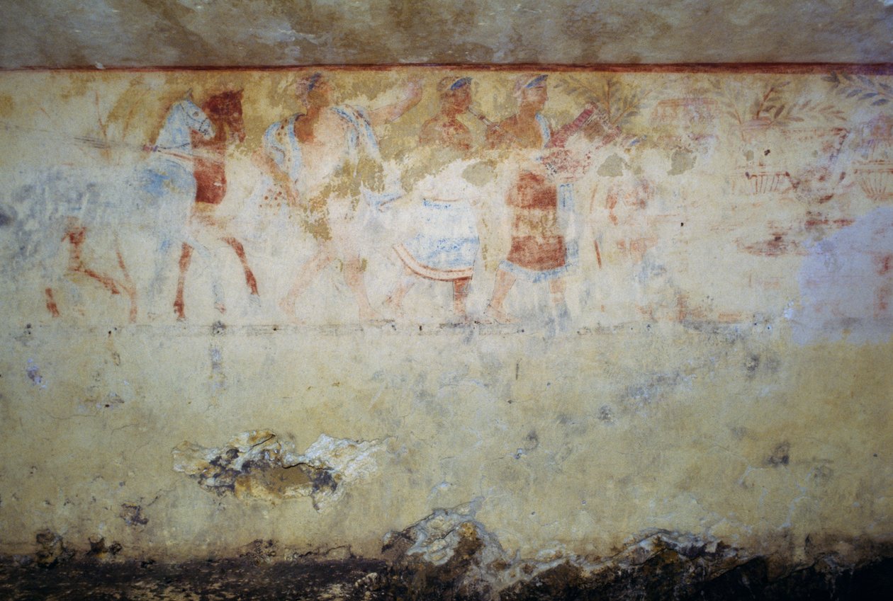Smuteční průvod s tanečníky a hudebníky, freska, Hrobka modrých démonů, nekropole Tarquinie (Seznam světového dědictví UNESCO, 2004), Lazio, Itálie Etruská civilizace, 5. století př.n.l. od Georg Carl Heinrich Dollmann