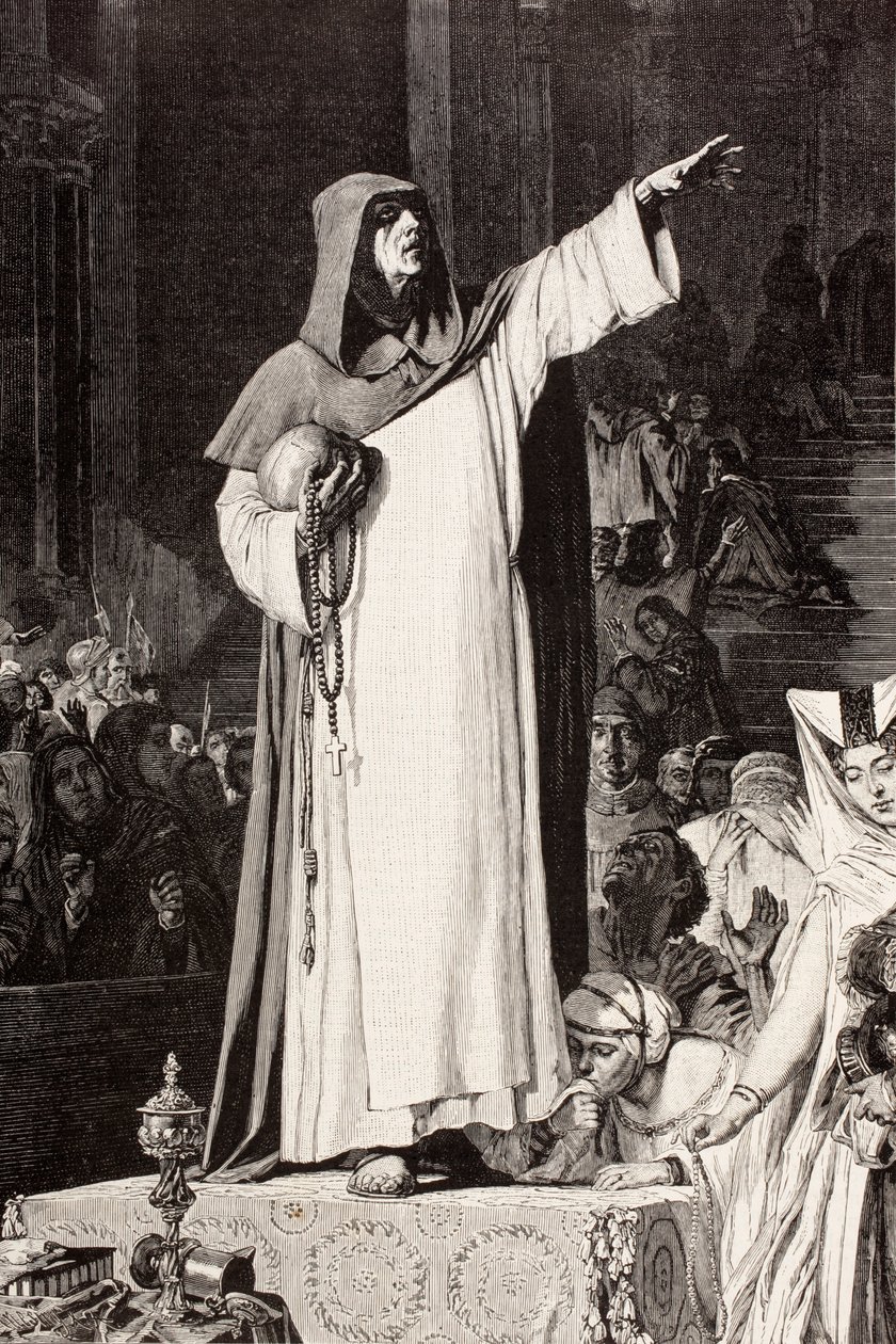 Girolamo Savonarola (1452 – 1498), italský dominikánský mnich kážící proti nemravnosti a luxusu, který by sváděl ke hříchu, podle díla De Langemantelse, z „El Mundo Ilustrado“, vydáno Barcelona, kolem roku 1880 od Ferdinand Georg Waldmuller