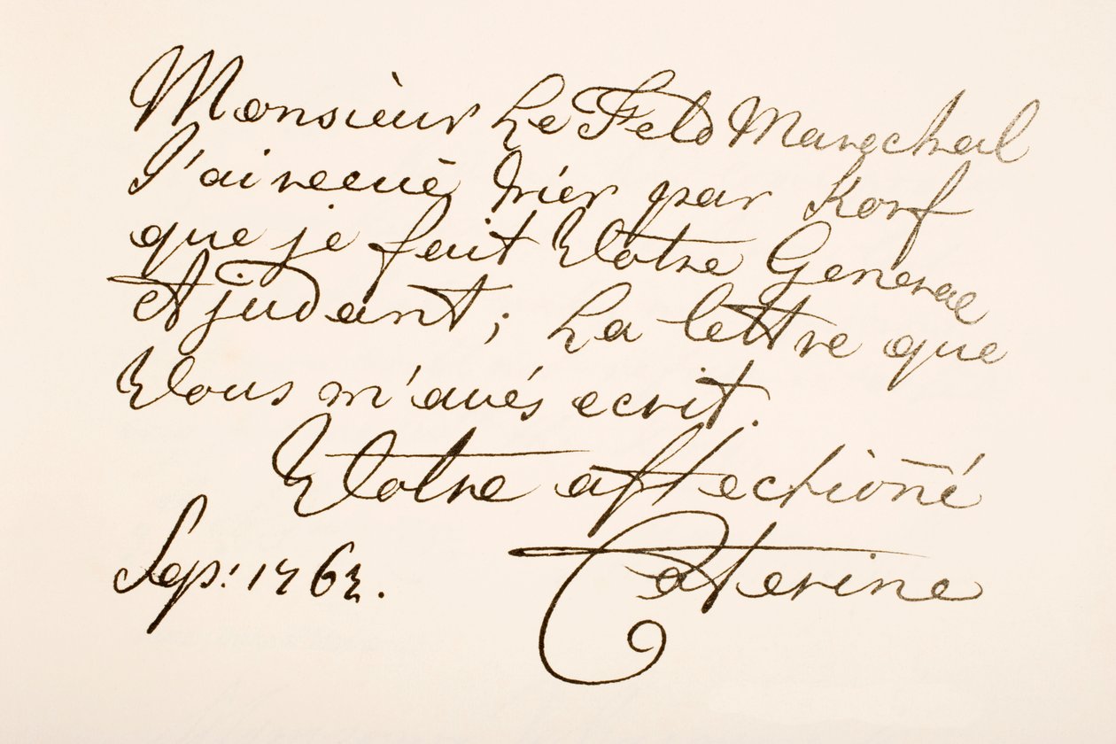 Ukázka ručního psaní ruské císařovny Kateřiny II, známé jako Kateřina Veliká od Ferdinand Georg Waldmuller