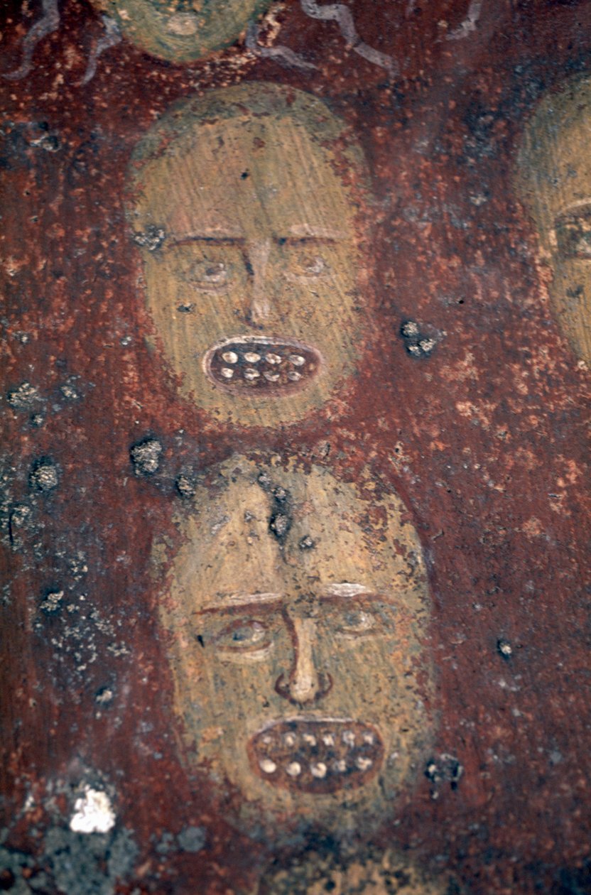Hlavy zatracených, freska Posledního soudu v byzantském kostele Odigitria nebo Agitria, poloostrov Mani, Peloponés, Řecko od Georg Carl Heinrich Dollmann