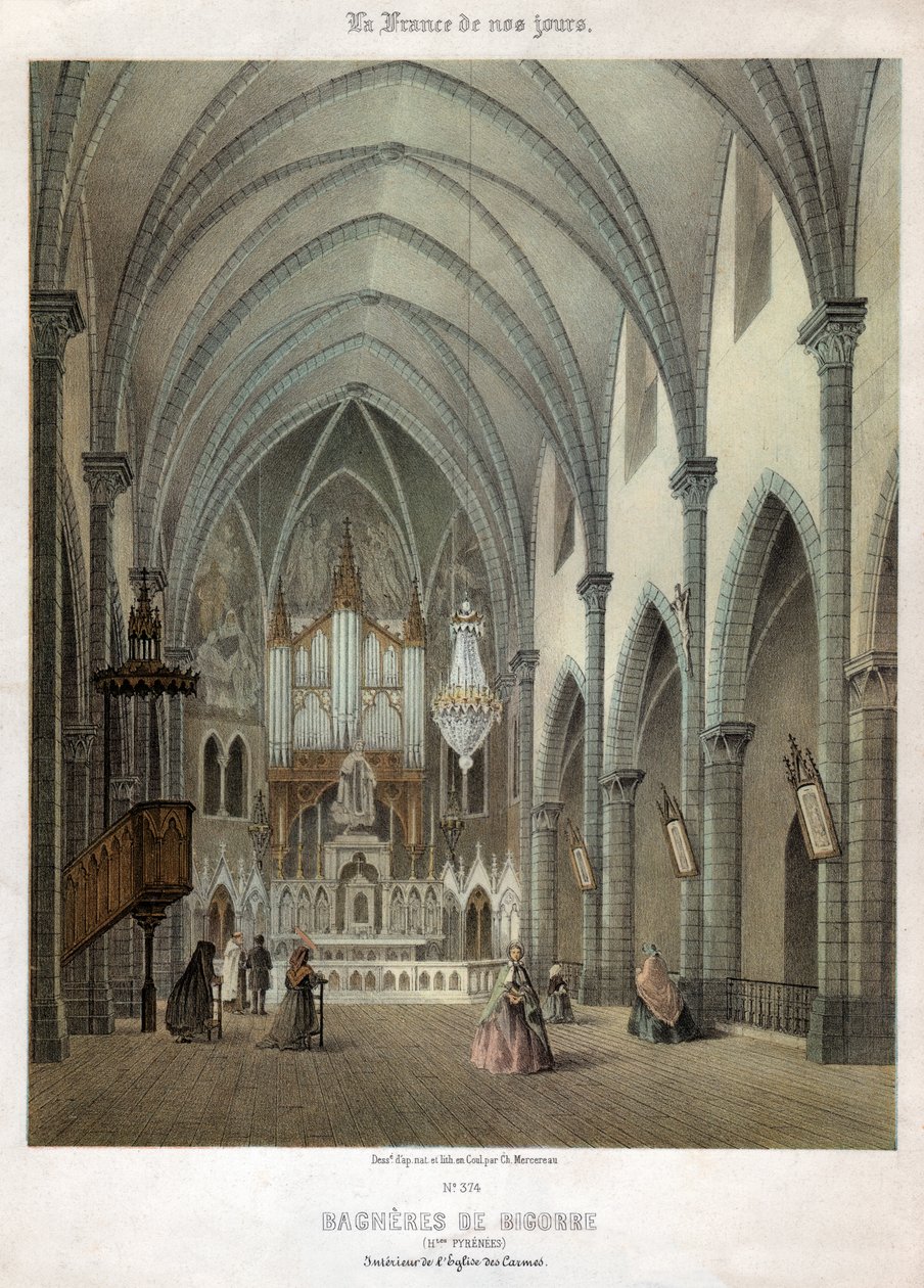 Interiér karmelitánského kostela v Bagneres de Bigorre. ca. 1870 (rytina) od . .