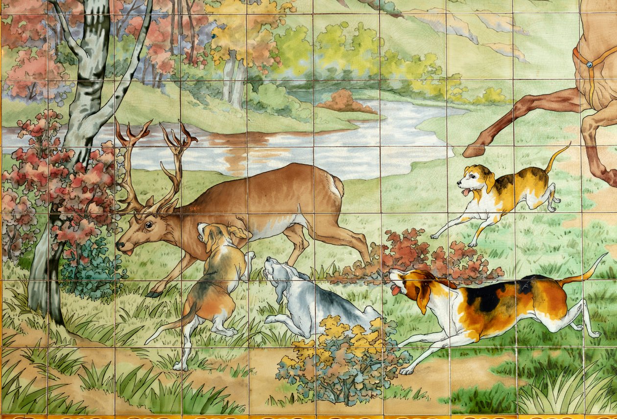 Vnitřní pohled, dlaždicový panel, malíř Furcy Ernest Tondeur, vykonavatel Boch Frères La Louvière, první panel, lovecká scéna se třemi jezdci, detail od . .