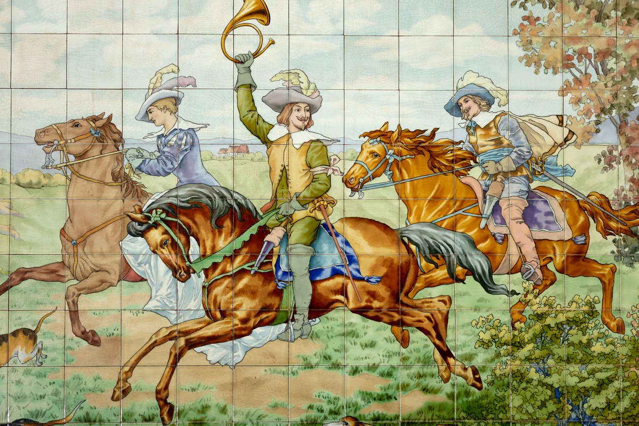 Vnitřní pohled, dlaždicový panel, malíř Furcy Ernest Tondeur, vykonavatel Boch Frères La Louvière, první panel, lovecká scéna se třemi jezdci, detail od . .