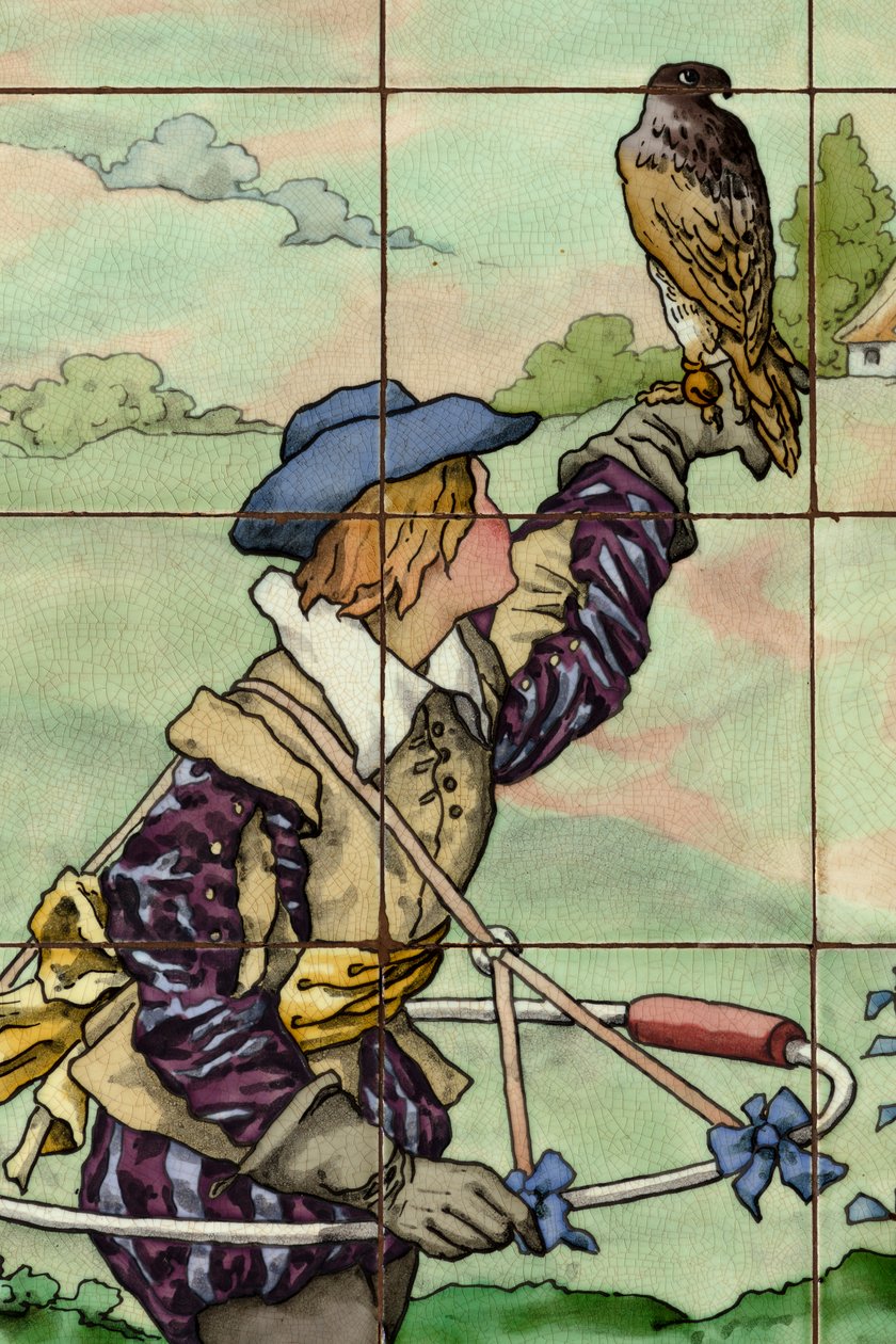 Vnitřní pohled, dlaždicový panel, malíř Furcy Ernest Tondeur, vykonavatel Boch Frères La Louvière, druhý panel, detail od . .