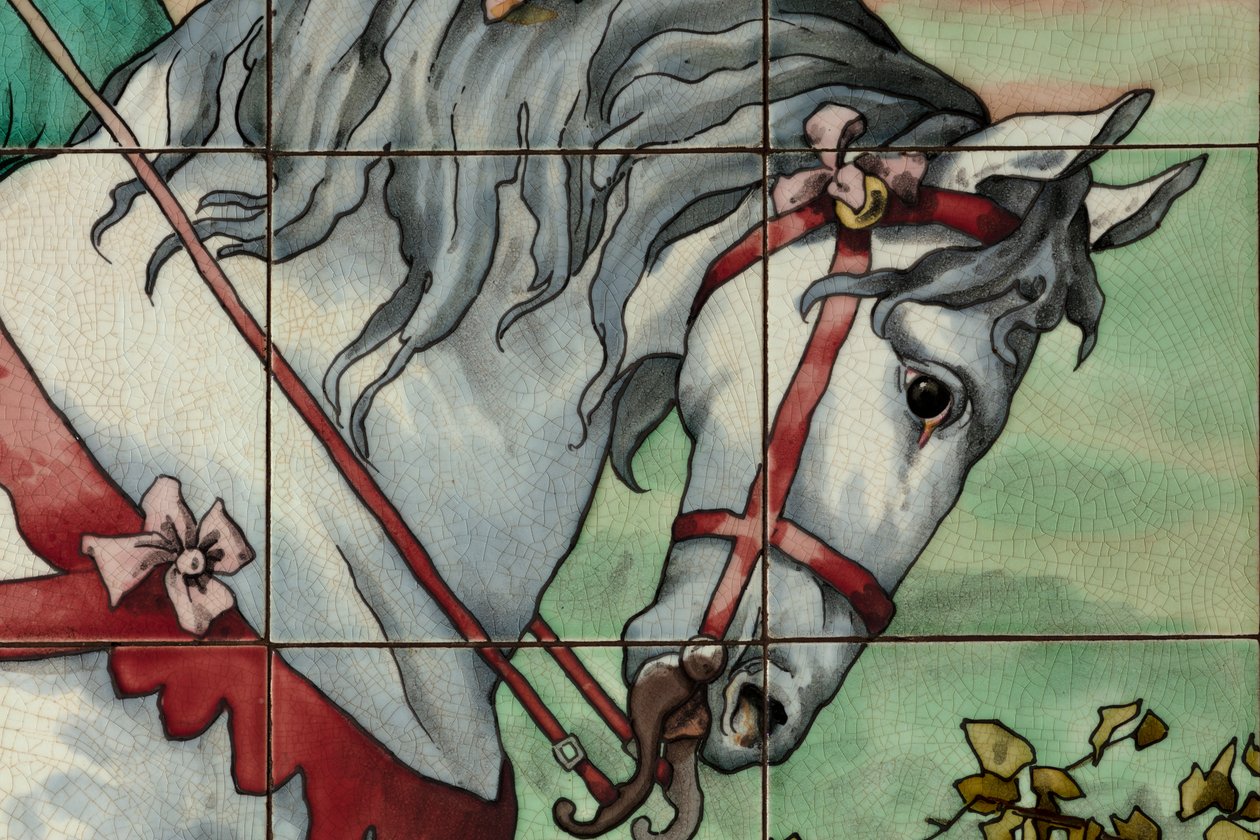 Vnitřní pohled, dlaždicový panel, malíř Furcy Ernest Tondeur, vykonavatel Boch Frères La Louvière, druhý panel, detail od . .