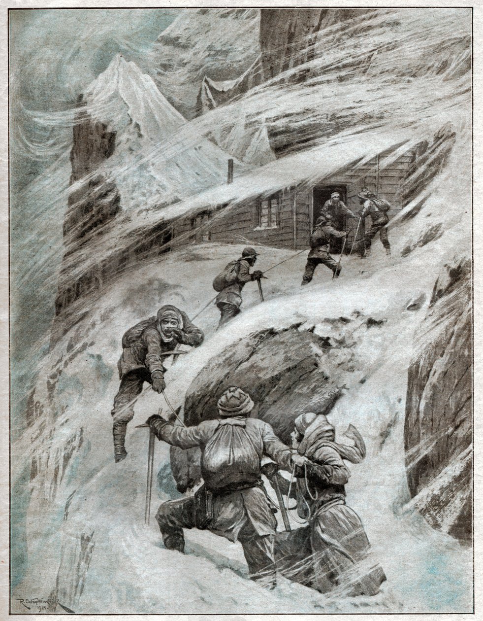 Italští turisté uvízli v bouři v italských Alpách. 1925 (ilustrace) od . .