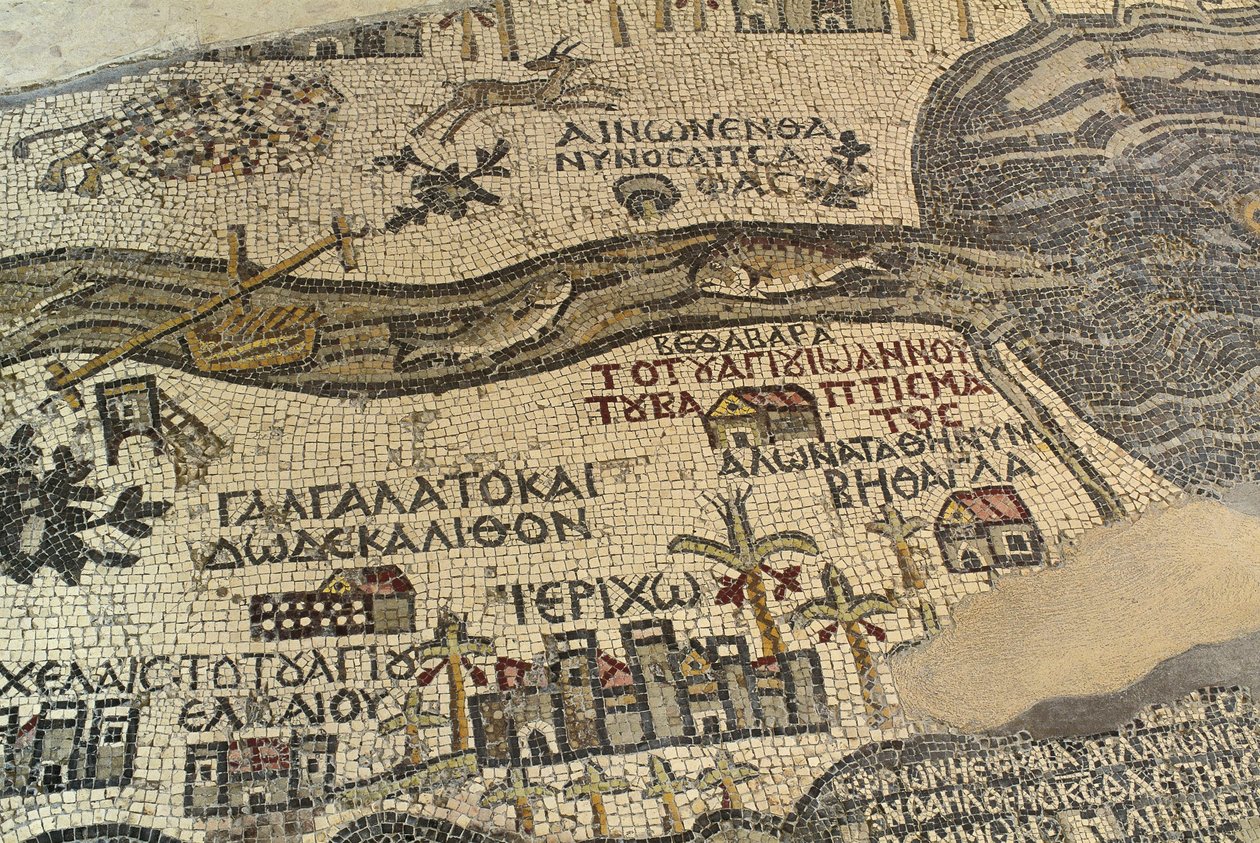 Jericho a jeho okolí, včetně řeky Jordán a Mrtvého moře, detail mapy Svaté země, podlahová mozaika, cca 560 n. l., apsida baziliky svatého Jiří, Madaba, Jordánsko, byzantská civilizace, 6. století n. l. od School Lebanese
