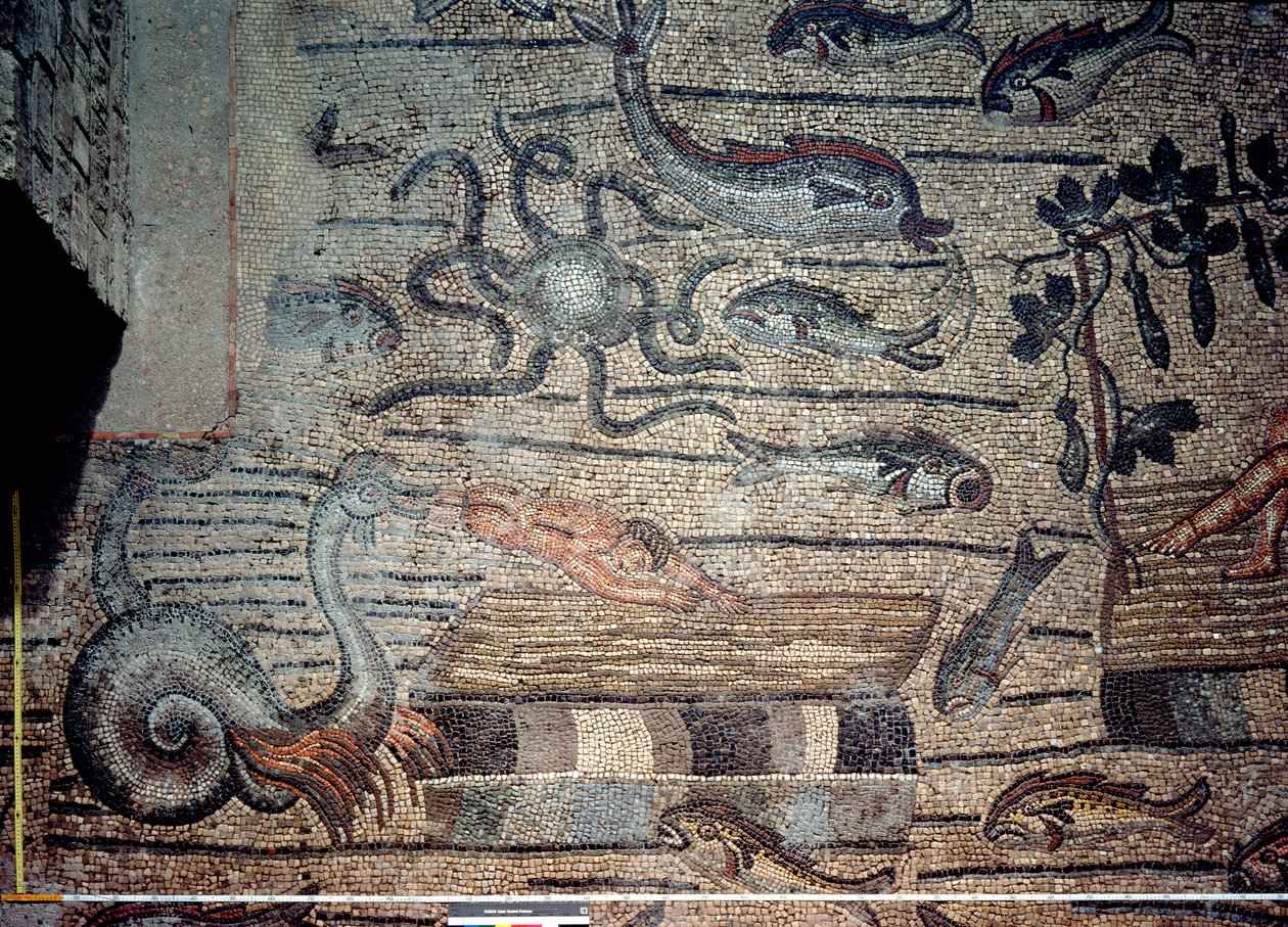 Jonáš je vyplivnut velrybou, detail z ozdobného chodníku zobrazujícího křesťanské obrazy a pohanské symboly, kolem roku 313 n. l. (mozaika) od Hippolyte Lalaise Devéria