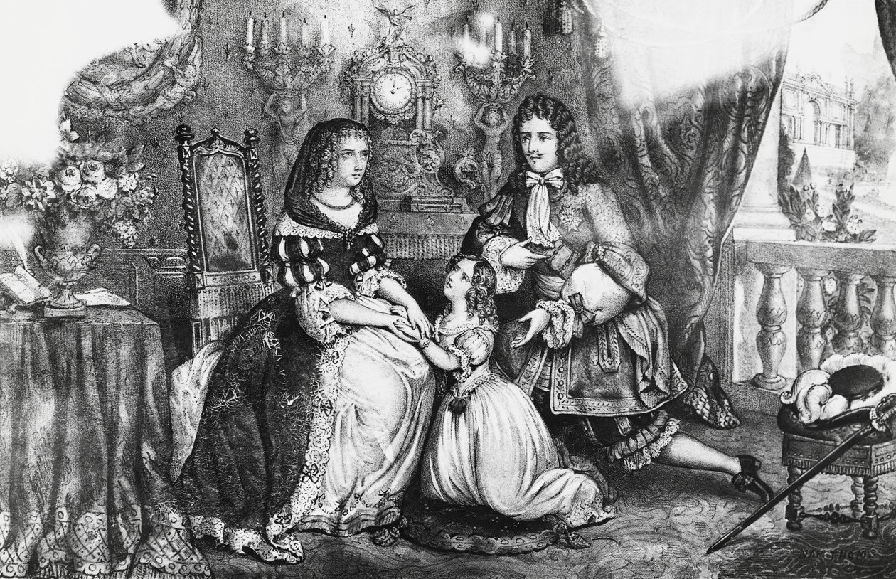 Král Ludvík XIV. a jeho dcera prosí vévodkyni Louise de La Valliere, aby se nestahovala do kláštera od Georg Carl Heinrich Dollmann