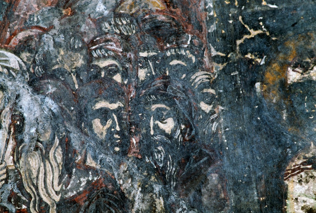 Mužské postavy, poškozená freska na stropě kostela Agios Vasileios, Vavouledo, Kréta, Řecko (foto) od Georg Carl Heinrich Dollmann