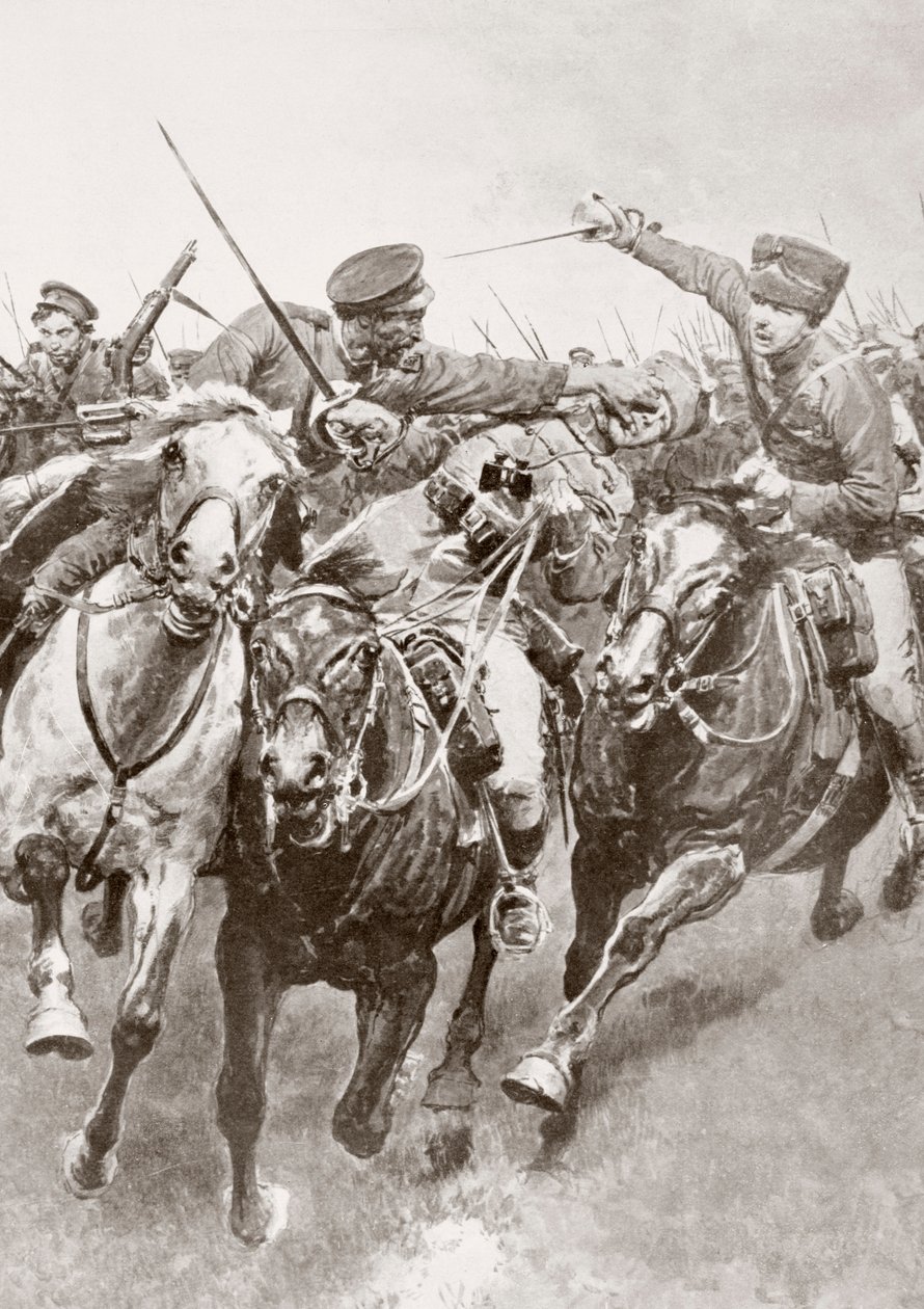 Jízda na koni mezi ruskými kozáky a německou kavalérií známou jako Husaři smrti en Schwansfeld, mezi Korschen a Bartenstein, východní Prusko, srpen 1914 během první světové války, z La Esfera od Ferdinand Georg Waldmuller
