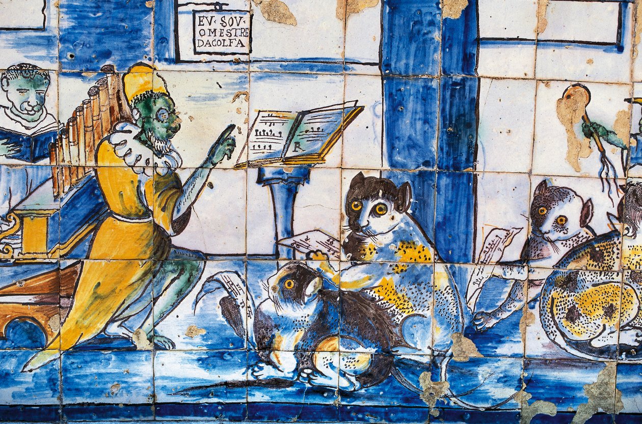 Hudební lekce s antropomorfními kočkami a myšmi, dlaždicemi azulejos, zahradami paláce markýze de Fronteira od William Walcutt