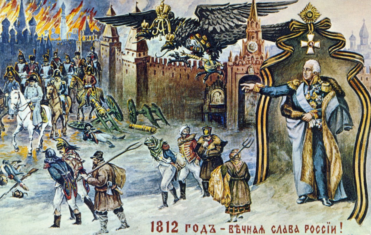 Napoleonská válka z roku 1812, zobrazení Napoleonova ústupu z Moskvy pod dohledem císařského ruského dvouhlavého orla a cara Alexandra I. od Frederick (attr. to) Barnard