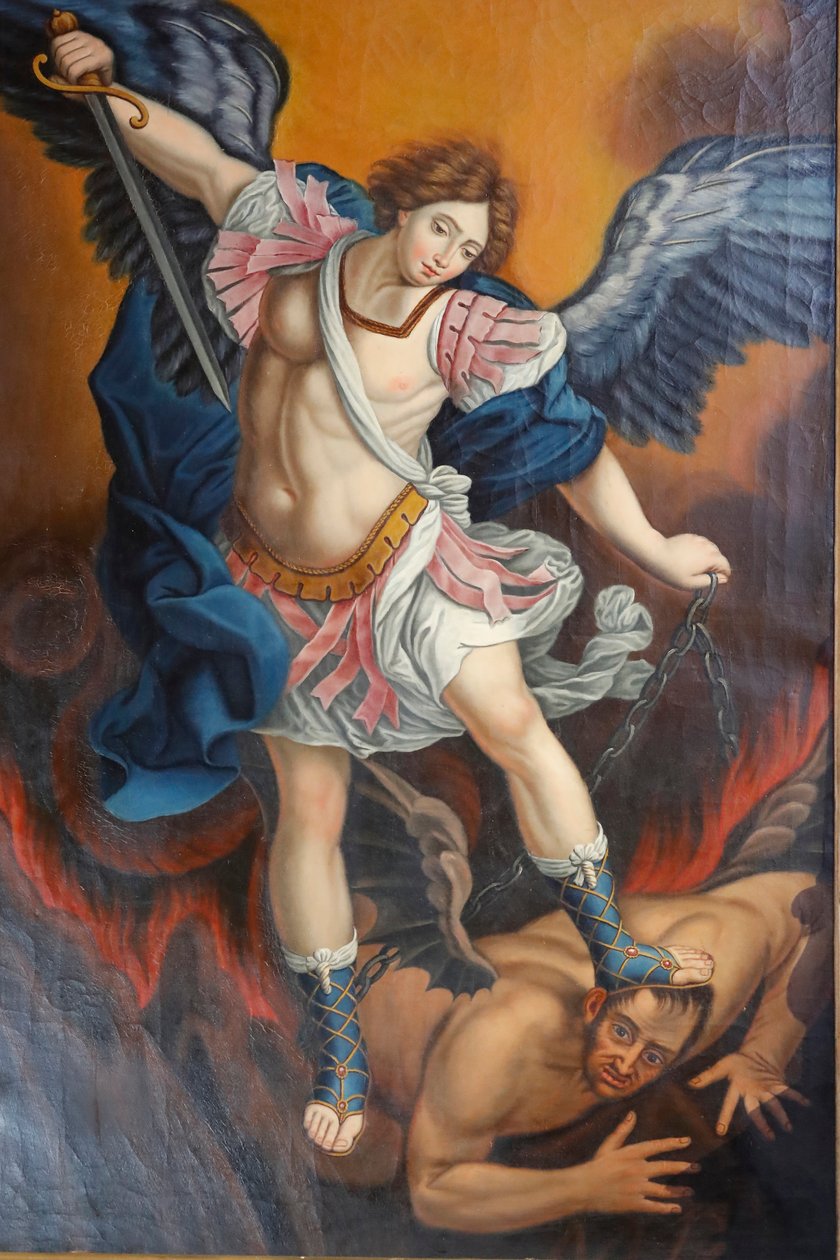 Kostel Panny Marie Nanebevzetí v Cordonu. Archanděl zabíjející Satana jako draka. Malování. Francie. Francie. od . .