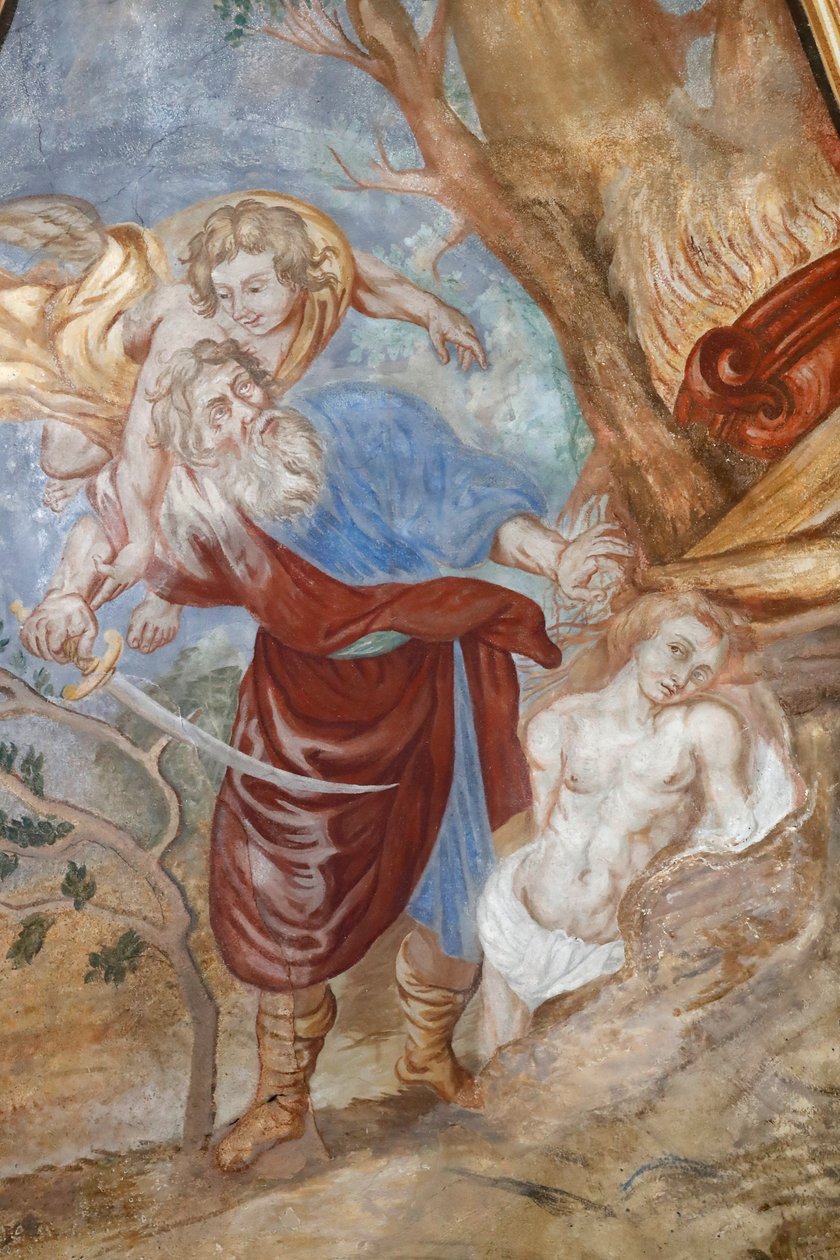 Kostel Panny Marie Nanebevzetí v Cordonu. Freska. Bůh přikazuje Abrahamovi, aby obětoval svého syna Izáka. Francie. Francie. od . .