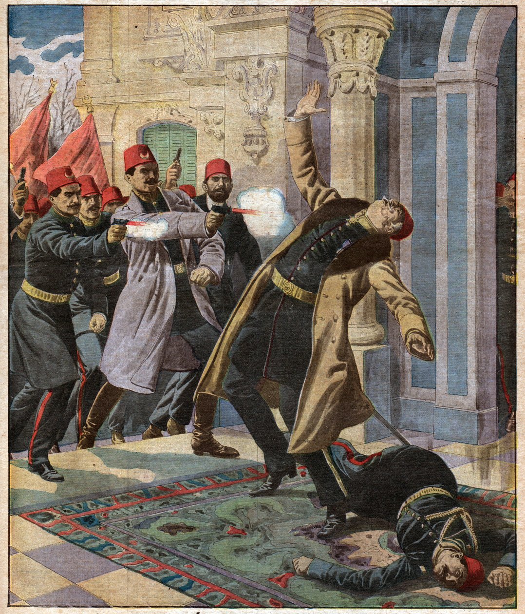 Osmanský převrat: Enver Pasha a CUP vtrhnou do Císařského paláce a zabijí ministra Nazina Pashu, 9. února 1913 od Ferdinand Georg Waldmuller