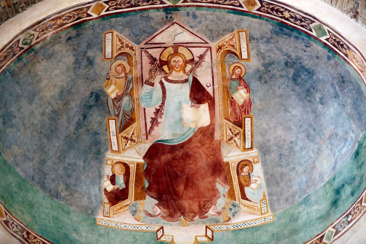 Patriarchální bazilika Aquileia. Ježíš a 4 evangelisté. Freska. Itálie. od . .