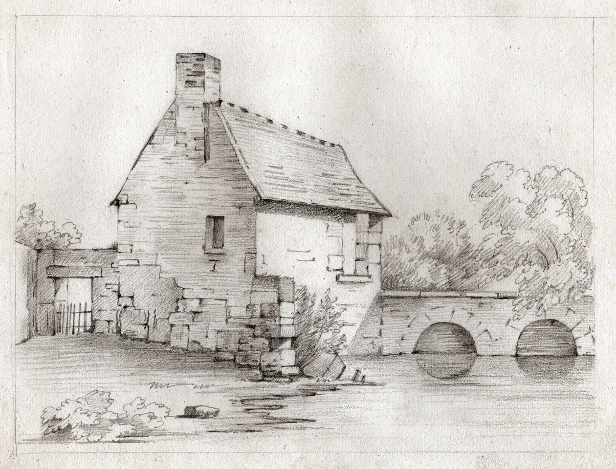 Selský dům na okraji řeky. cca 1830 (ilustrace) od . .