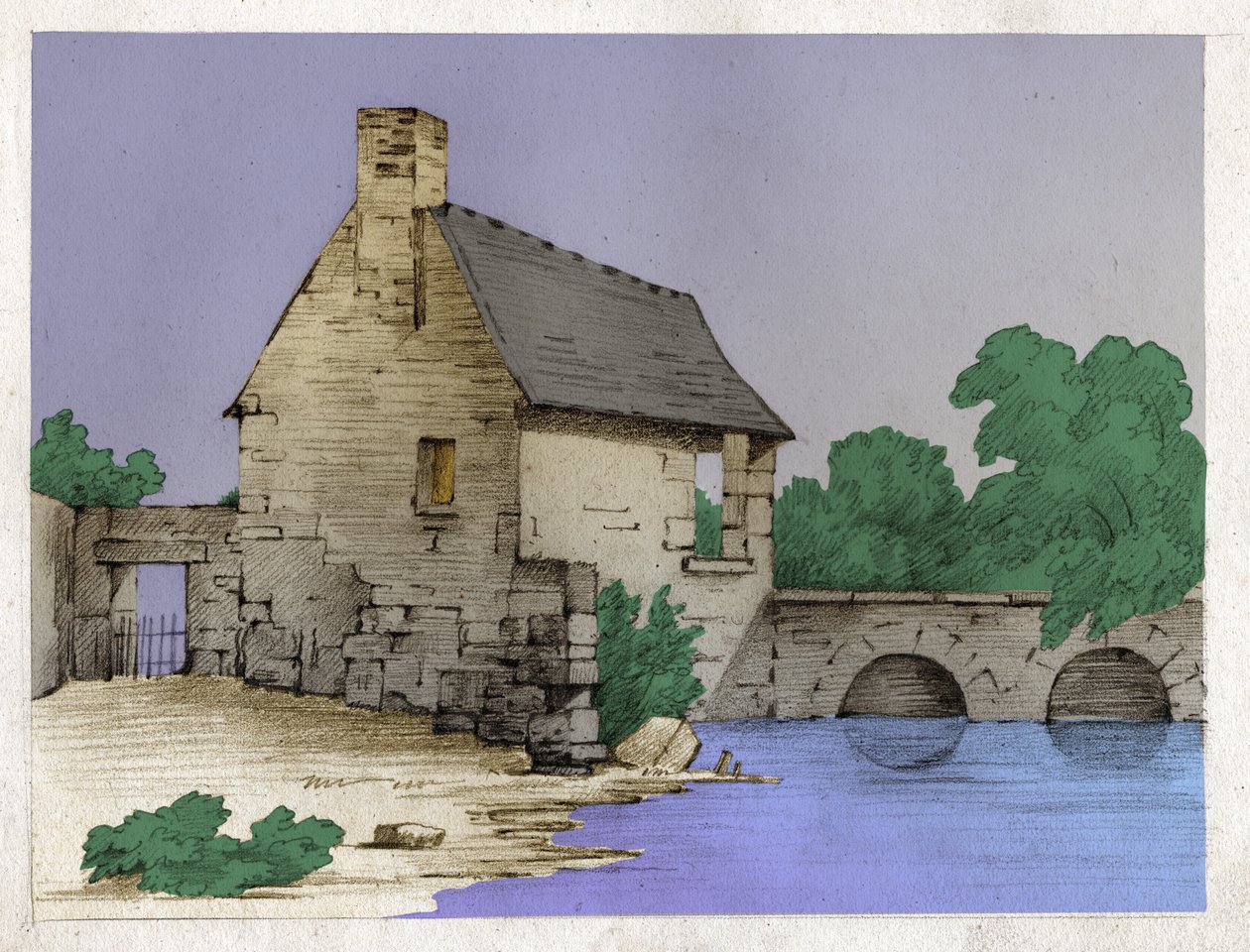 Selský dům na okraji řeky. cca 1830 (ilustrace) od . .