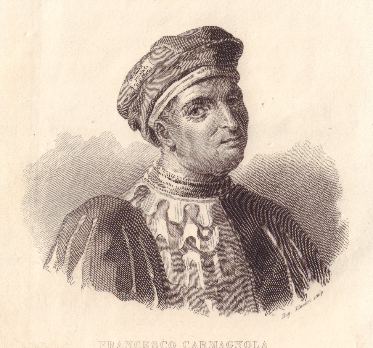 Portrét italského vojevůdce Francesca da Bussone také známého jako Carmagnola (1380-1432), mědirytina E Silvestri z malby od William Walcutt