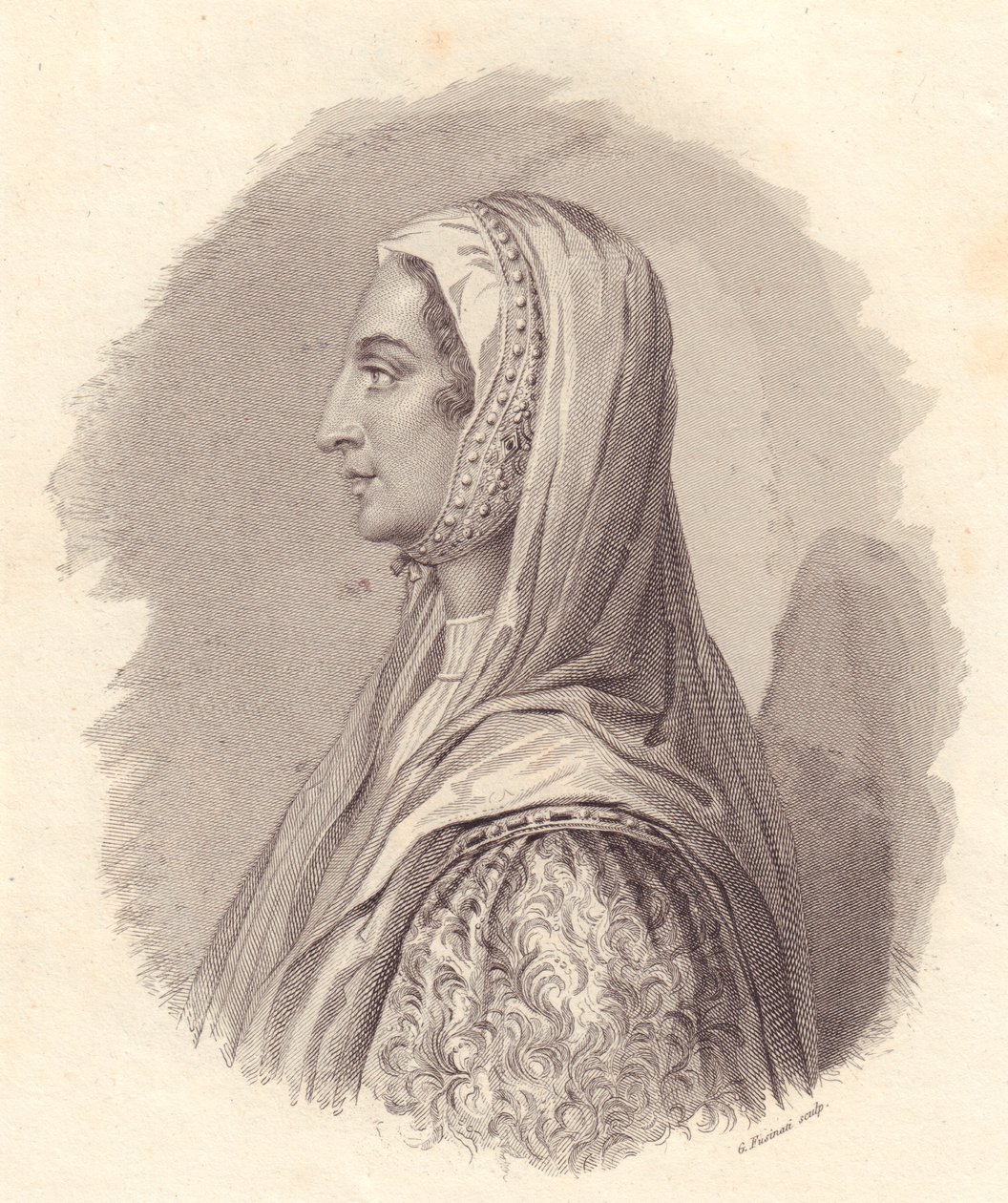 Portrét italské šlechtičny Beatrice Lascaris di Tenda (1372-1418), mědirytina G Fusinati z portrétu vydaného Antoniem Campem od William Walcutt
