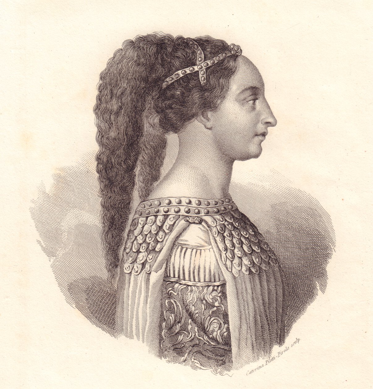 Portrét italské šlechtičny Isotta degli Atti (kolem 1432-1474), mědirytina Caterina Piotti-Pirola od William Walcutt
