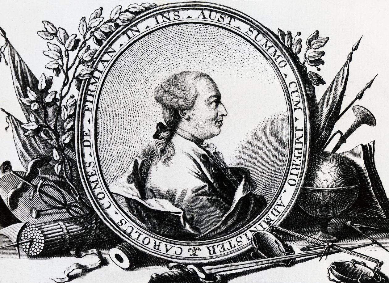 Portrét Karla Josepha von Firmiana (1716-1782), rakouského politika, rytina od William Walcutt
