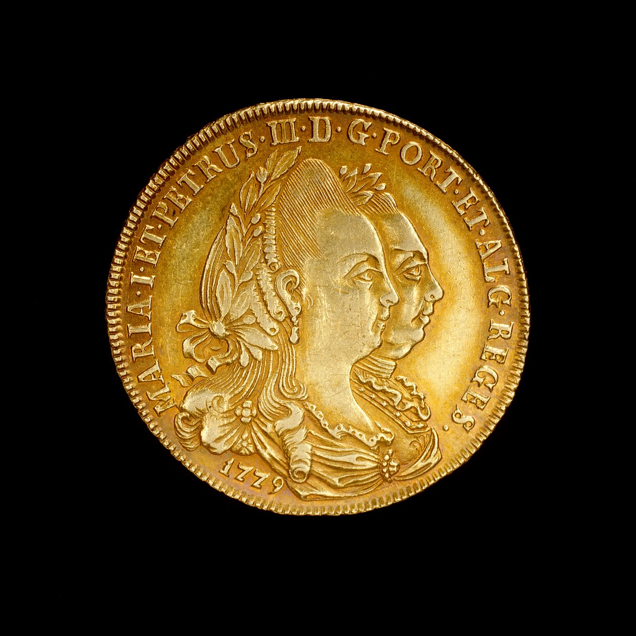 Portugalská mince zobrazující královnu Marii I. a její choť krále Pedra III od Hippolyte Lalaise Devéria