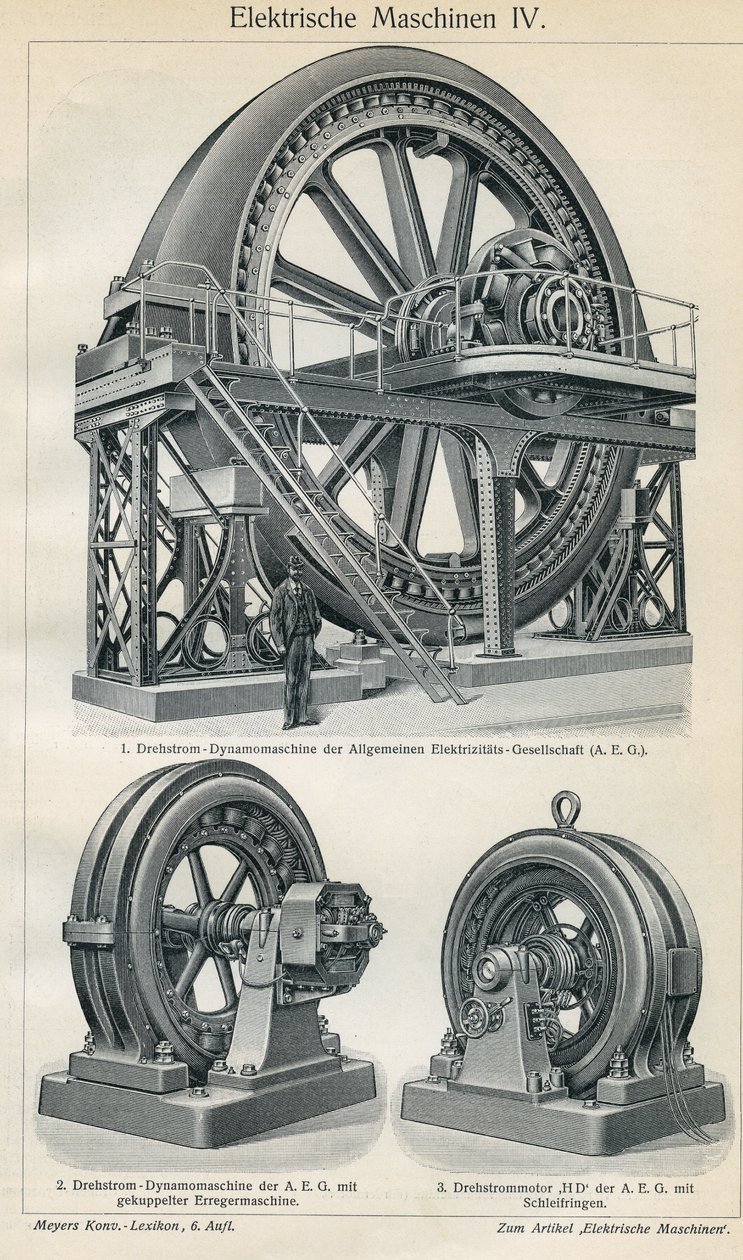 Věda a technika deska představující průmyslové elektrické stroje s třífázovým proudem. Ilustrace převzata z „“Meyers Grosses Konversations - Lexikon””” 1904. Bibliographers Institut, Leipzig und Wien od Ferdinand Georg Waldmuller