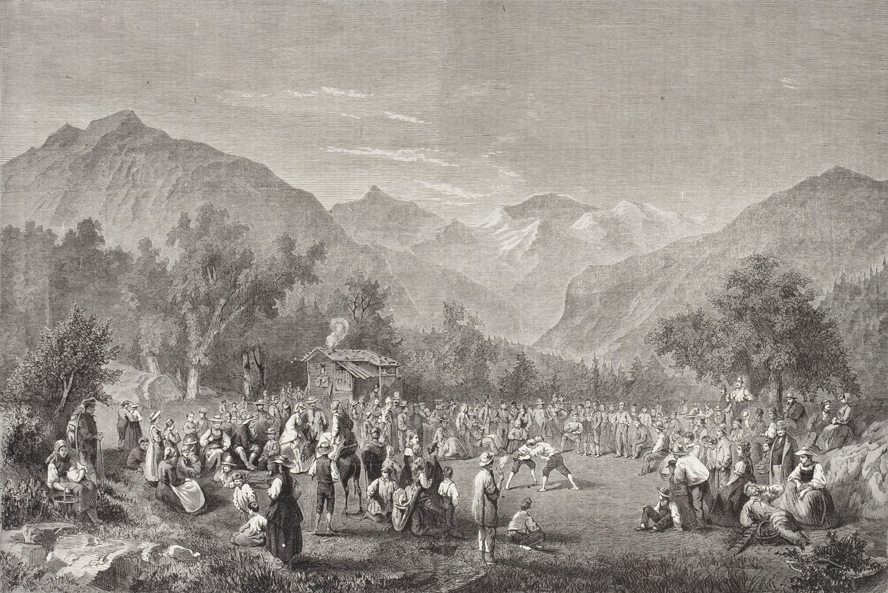 Švýcarský Unspunnenfest (černobílá fotografie) od Frederick (attr. to) Barnard