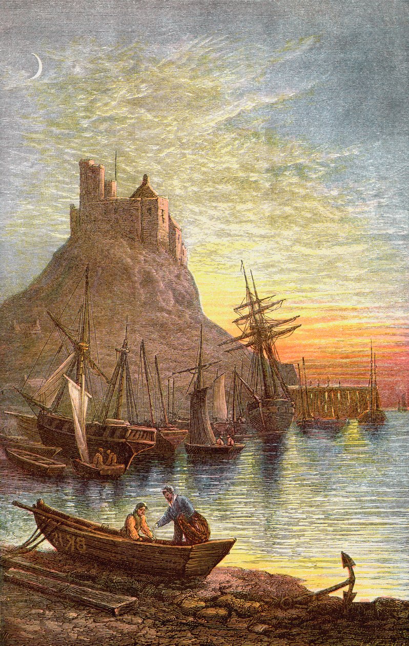 Svatý ostrov Lindisfarne ukazuje hrad. od . .